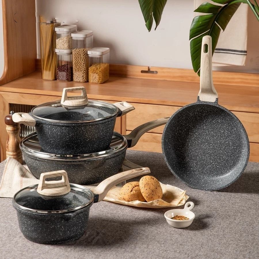 Ay00 Set Peralatan Masak Dapur Berlapis Granit Standar 7 Pcs Ramah Lingkungan Set Peralatan Masak