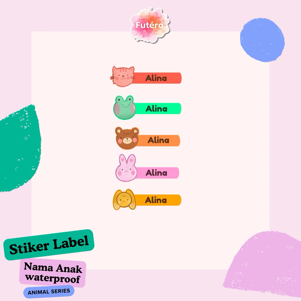 

Sticker Label Nama Anak Waterproof Custom : Animal series