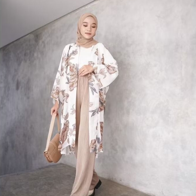 Outer Cardigan Wanita Korean Style Motif Bunga Bahan Ceruty Premium Cardi Oversize