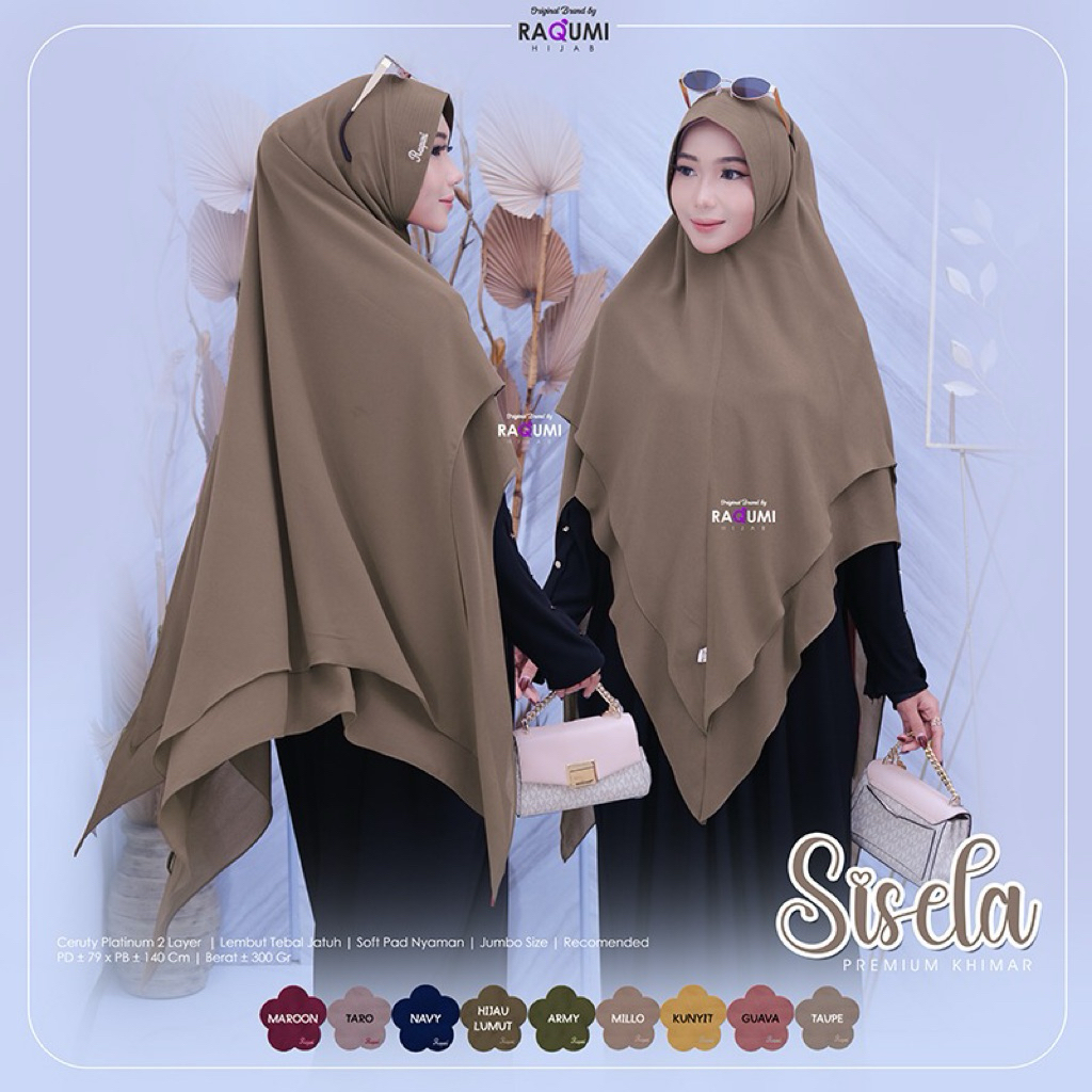Sisela Kerudung Khimar Syar'i Instan Jumbo Original "Raqumi Hijab" Bahan Ceruty Platinum 2 Layer Lem