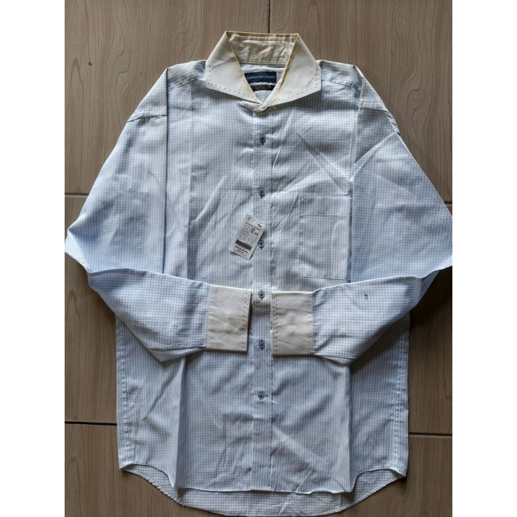 Kemeja Merek Christian Orani l Warna Biru Putih Motif Kotak Kotak Tartan Bahan Katun Size M Lengan P