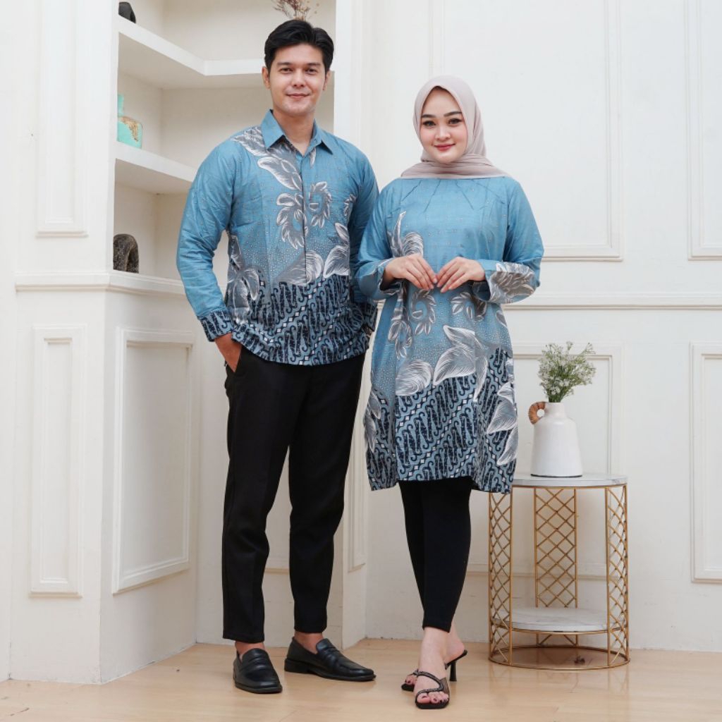 Batik Pria dan Wanita, Batik Lengan Panjang dan Pendek dan Tunik Warna Blue Ice/ Biru muda, Motif Te