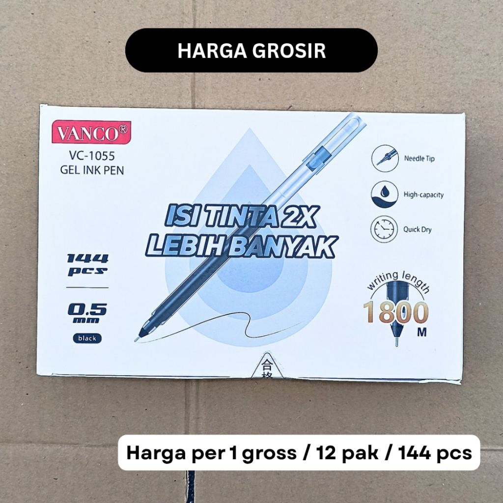 

[12 PAK] Pulpen Gel Vanco 0.5mm | Tinta 2X Lebih Banyak | 1800m | Best Seller Grosir Kantoran | 12 Pack= 144 pcs