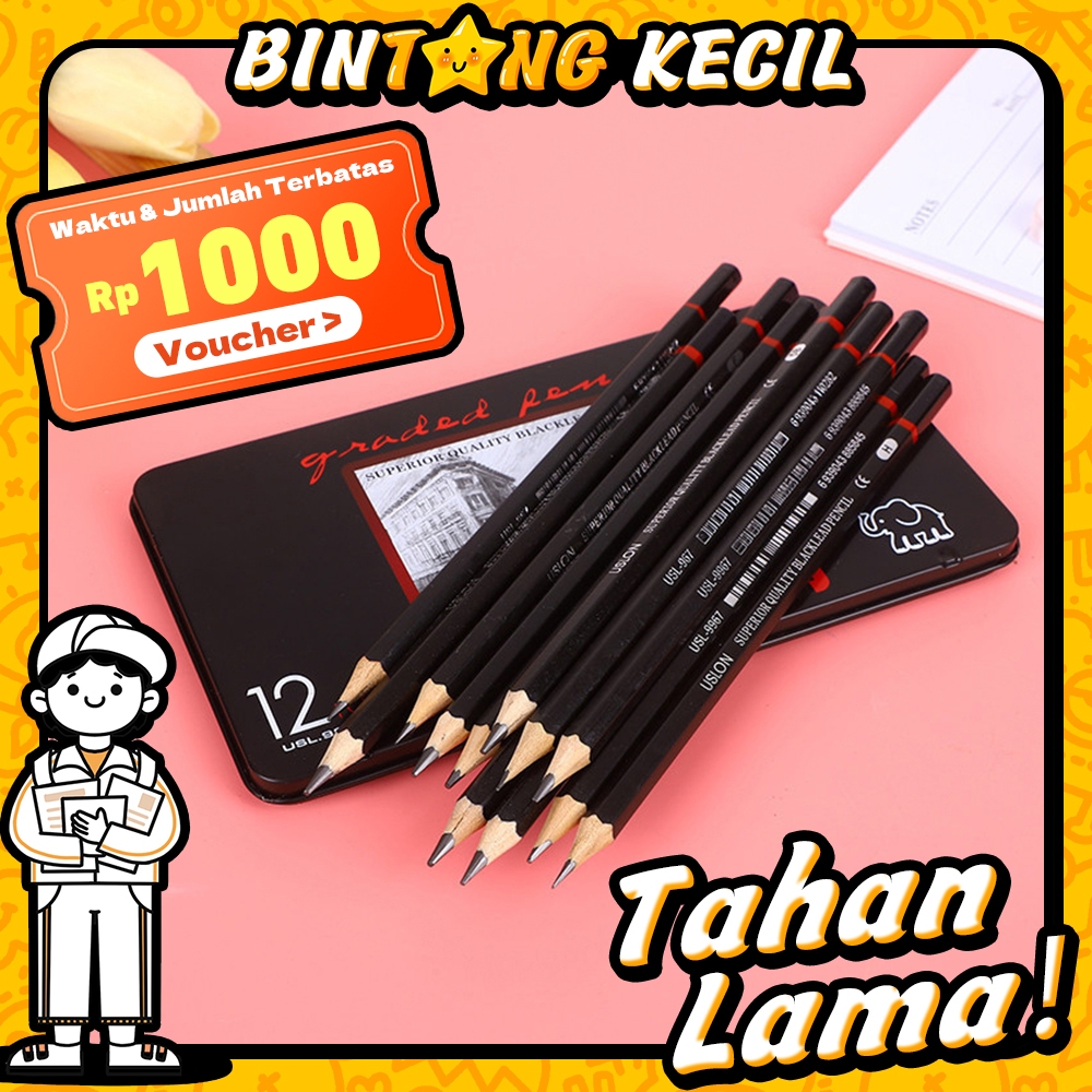 

12 pcs Pensil gambar sketsa set lengkap 2H H F B HB 2B 3B 4B 5B 6B 7B 8B Charcoal Pencils Set/Lukis Gambar Menggambar Dng Kotak Logam
