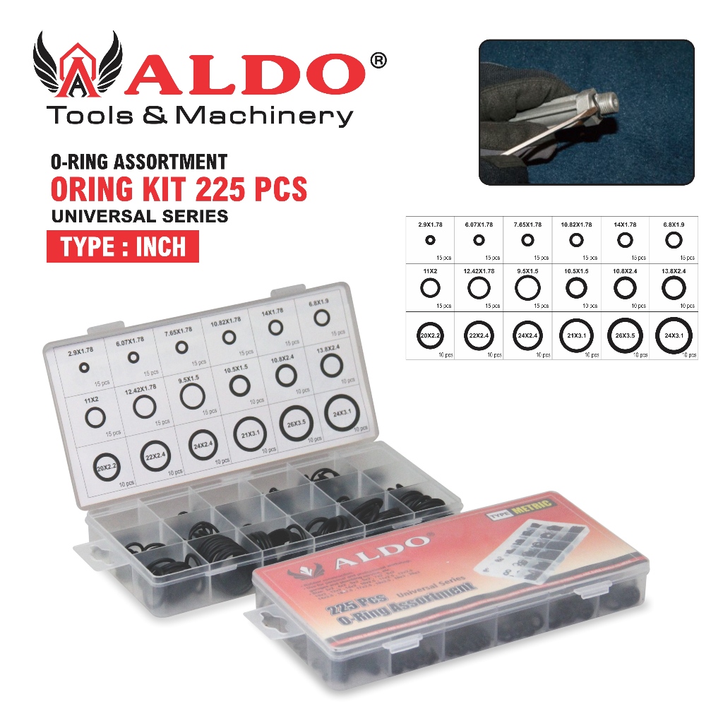 ORING KIT 225 PCS INCH / ORING ASSORTMENT MERK ALDO