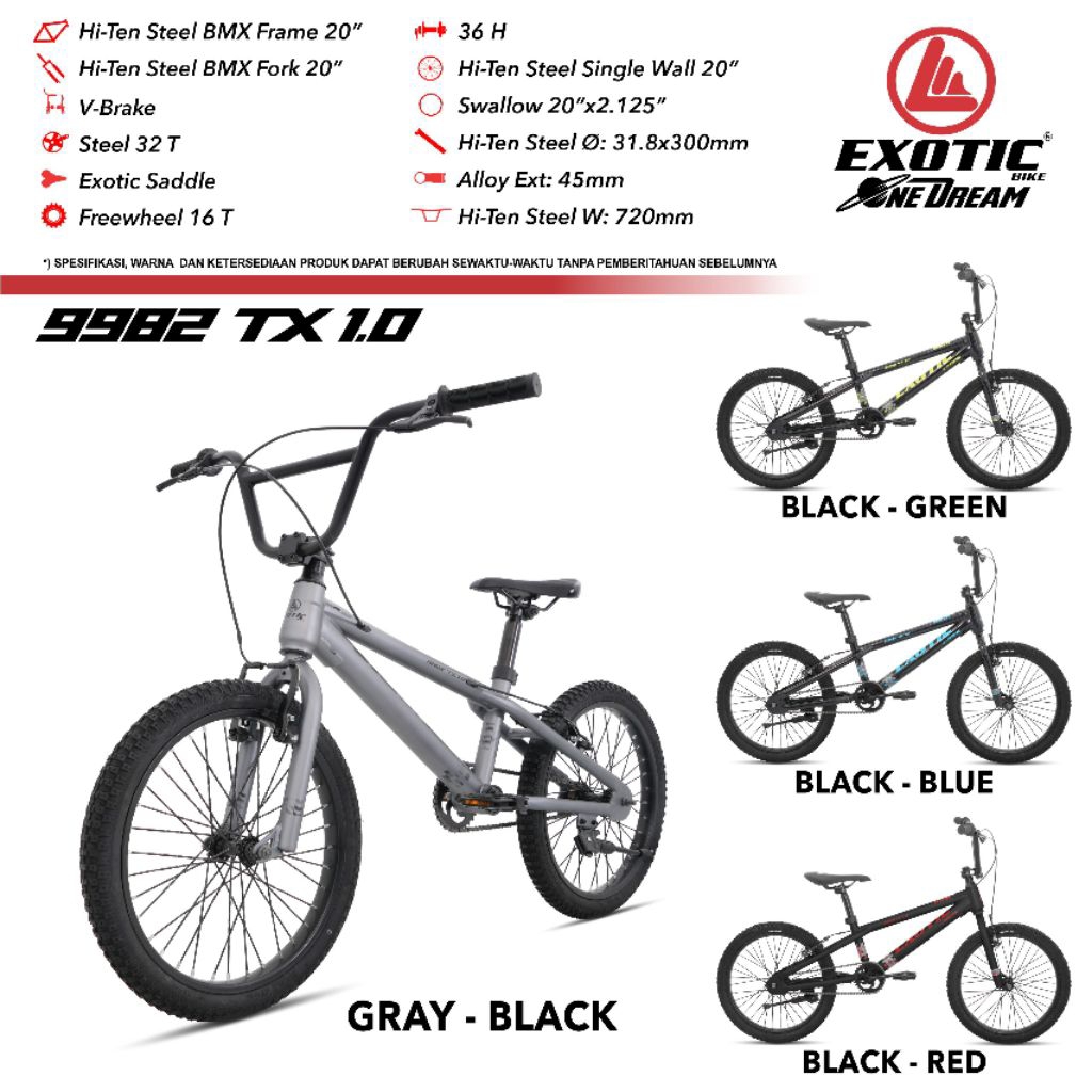 SEPEDA BMX 20 INCH EXOTIC 9982 TX 1.0 ROTOR / TIDAK ROTOR BARU MODEL WARNA TERBARU 2025 MURAH ASLI