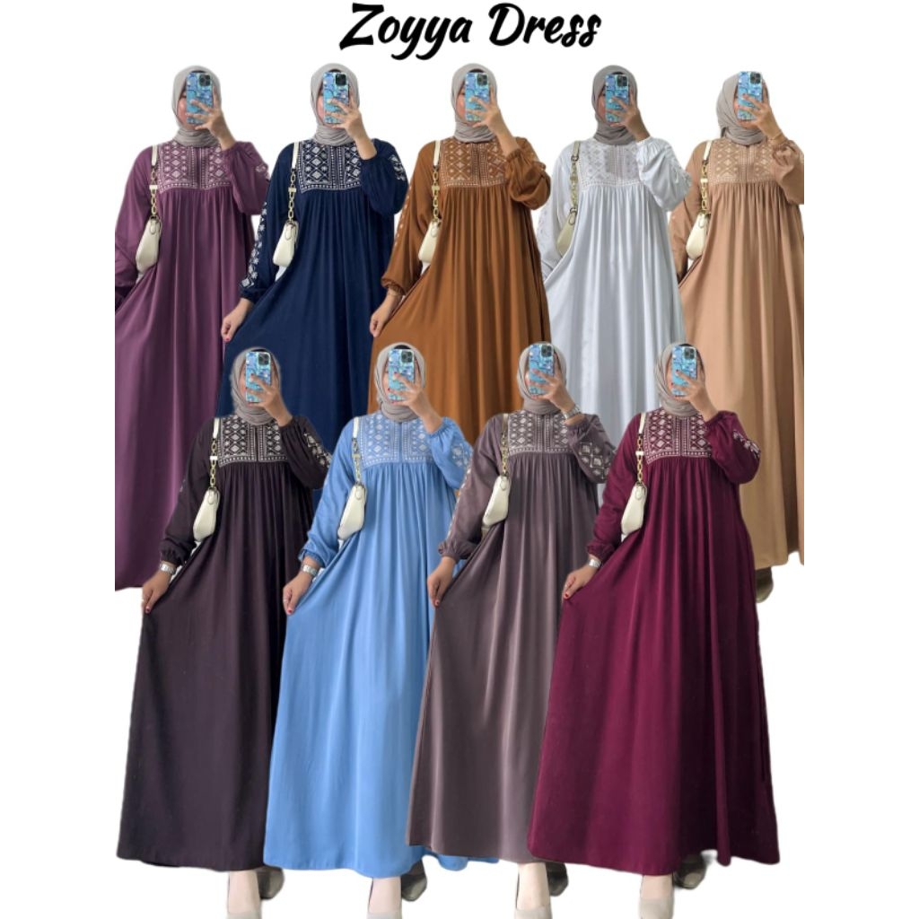 Zoya Dress Bordir Gamis Polos Bordir Bahan Rayon twill
