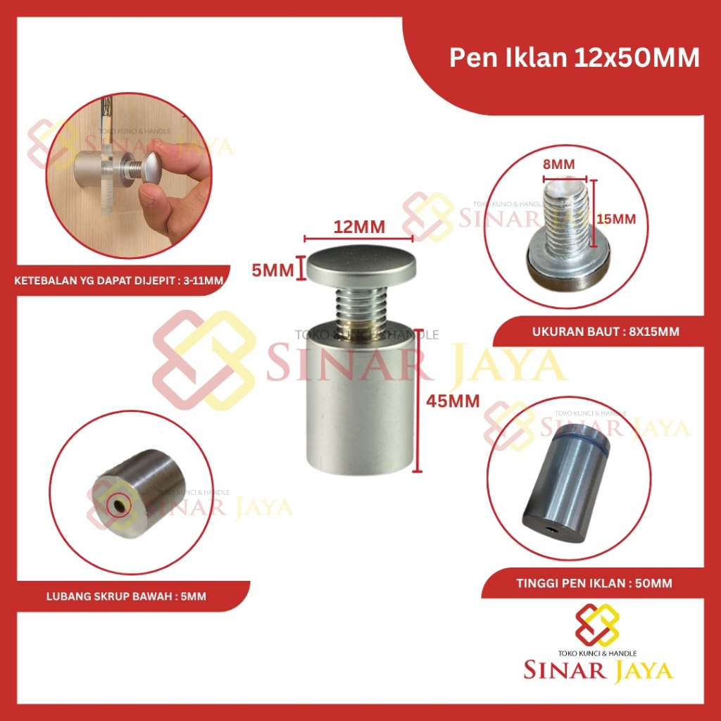 PEN IKLAN 12 X 50 Stainless / 12x50 / Baut Akrilik / Baut Kaca / Sign