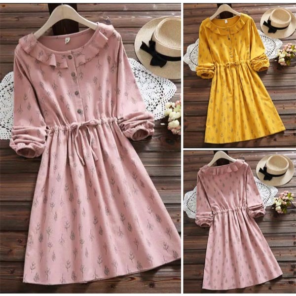 Mini dress katun lengan panjang casual wanita import korea