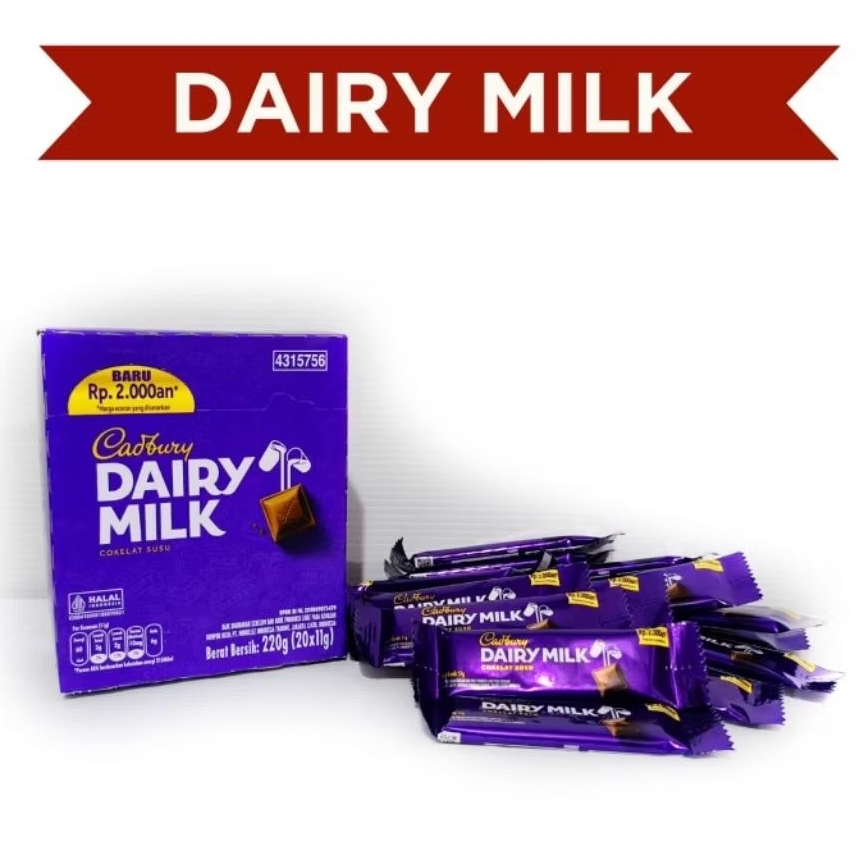 

Coklat Cadbury Dairy Milk 11 Gram (Isi 20 pcs) Coklat Mini Cadbury Promo