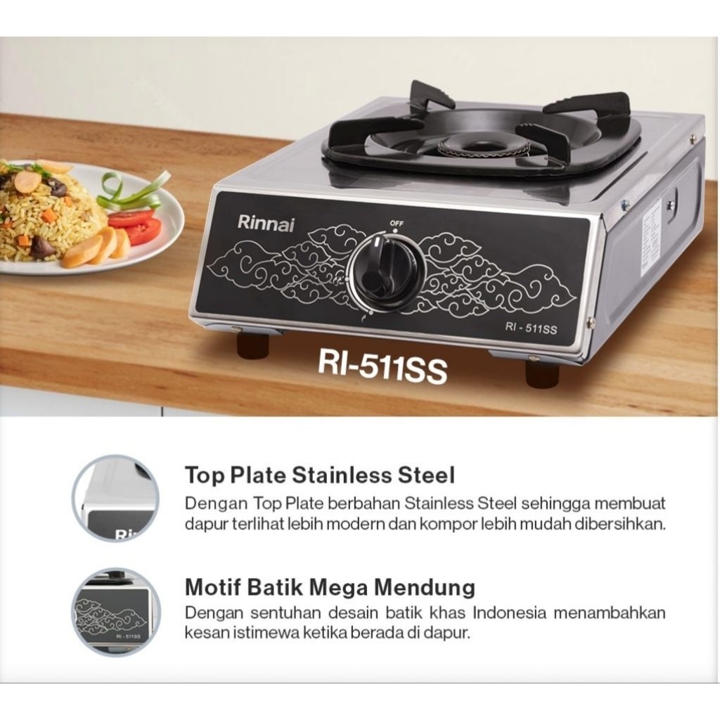 Kompor Rinnai 1 Tungku 511ss stainless putih / kompor rinnai 1 mata stainless steel anti karat