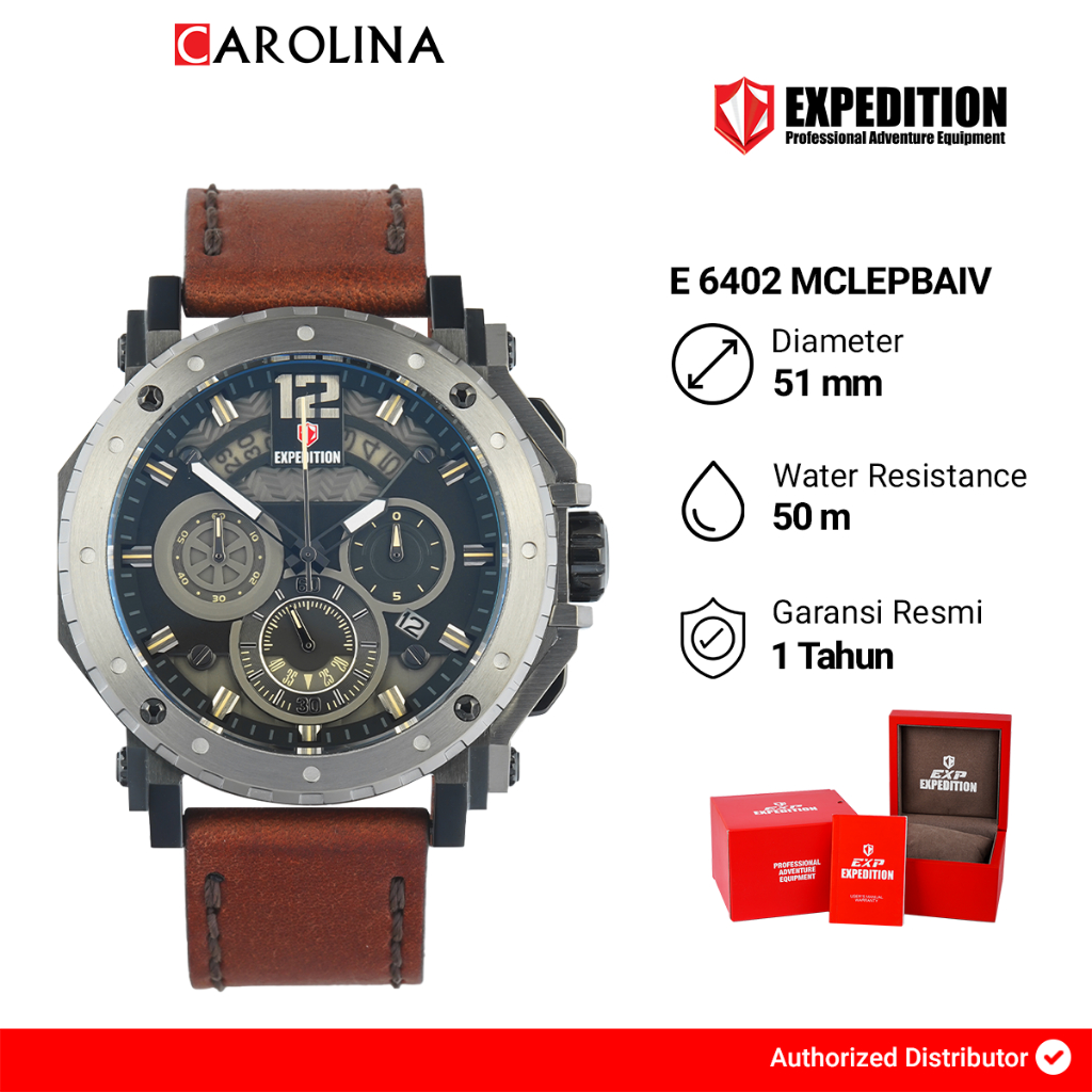 Jam Tangan Pria Expedition Exp Chronograph E 6402 MCLEPBAIV Black Dial Brown Leather Strap