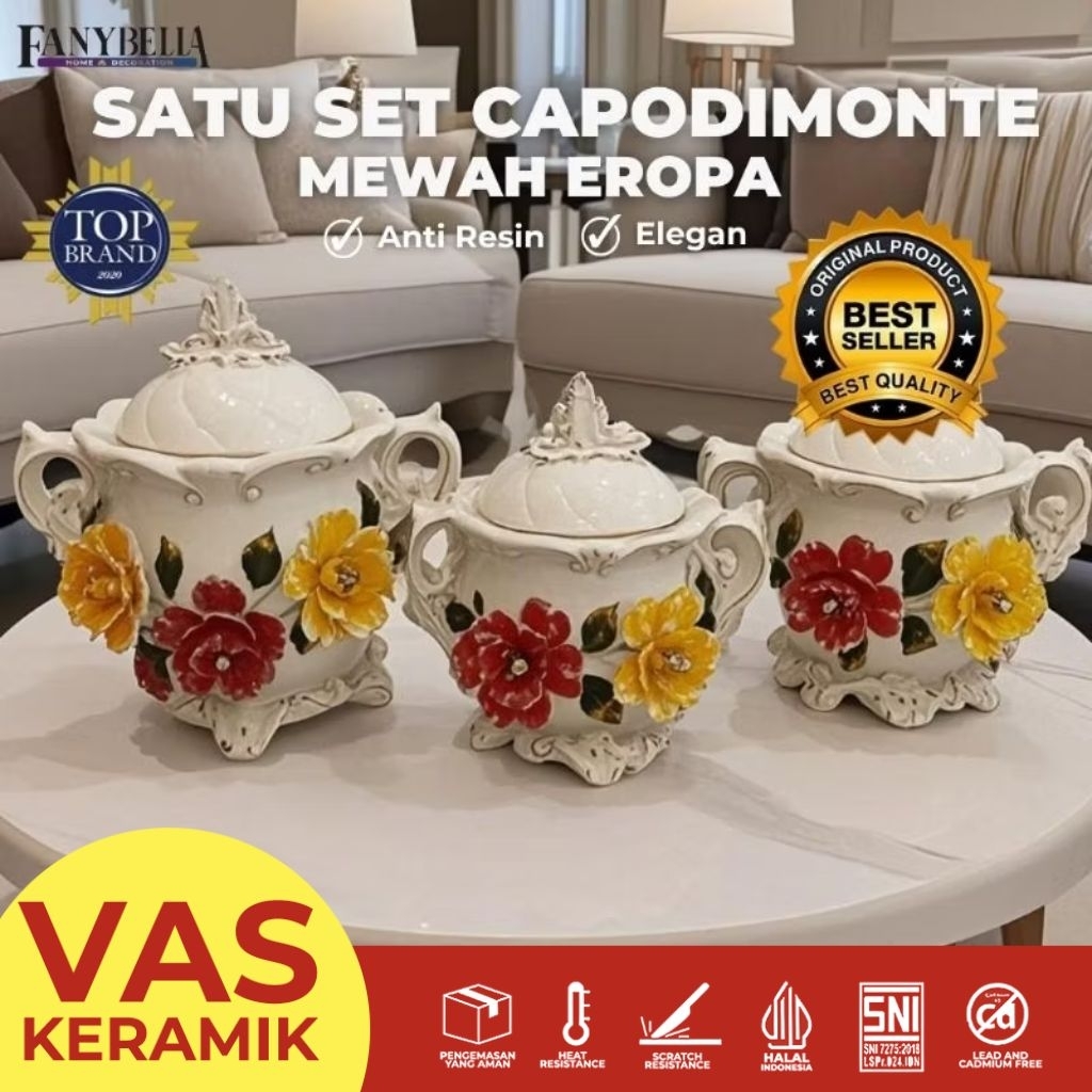 Pajangan Set 3 Toples set 3 Keramik Motif Bunga Capodimonte Itali Dekorasi Rumah Import