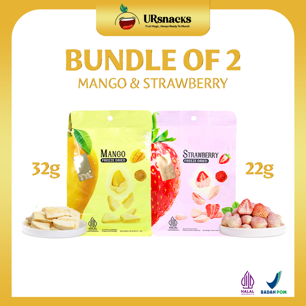 

URSNACKS - Bundle Hemat 2 Freeze Dried Strawberry 22gr & Mangga 32gr - Buah Kering HALAL