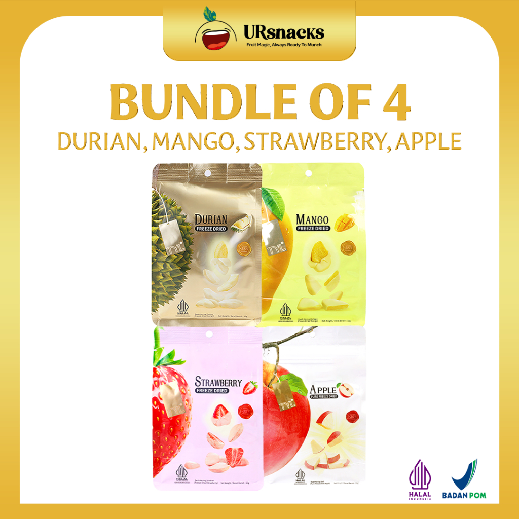 

URSNACKS - Bundle Super Hemat 4 Freeze Dried Rasa Strawberry 22gr Apel 22gr Durian 32gr Mangga 32gr