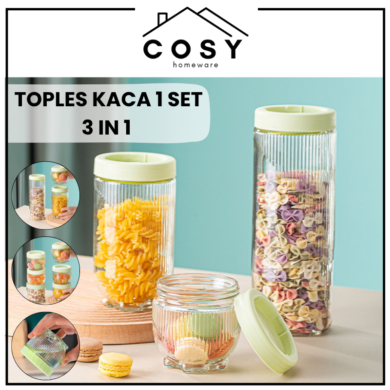 COSY Toples Kue Lebaran Kaca 1 Set 3in1 / Toples Kaca Gladies Hazel Bening Anti Tumpah 3 pcs / Set S