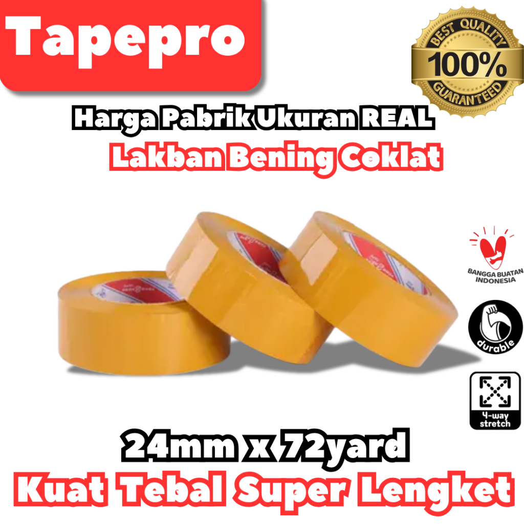

Lakban Bening/Coklat 24mmx72yard TEBAL Premium Ukuran REAL - SUPER LENGKET