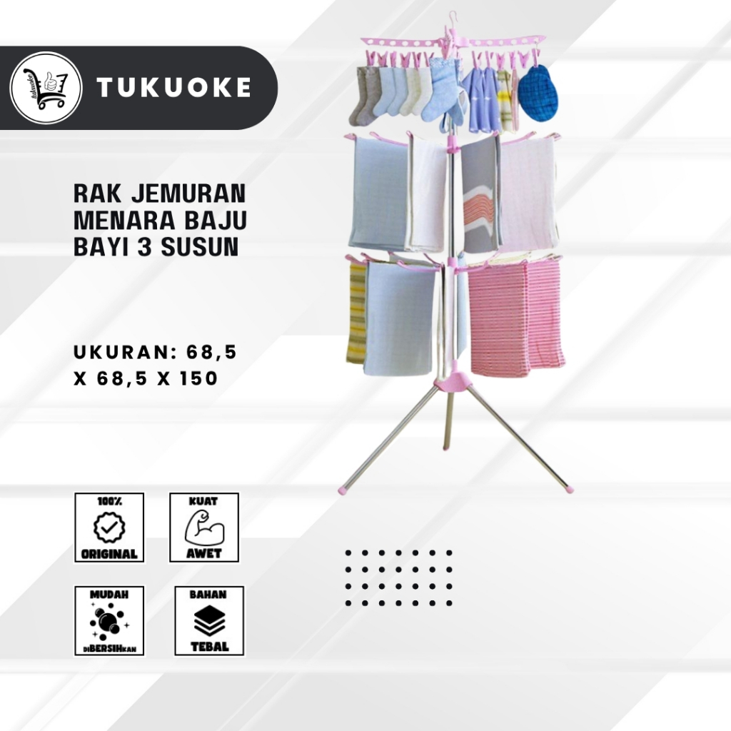 Promo Rak Jemuran Menara Baju Bayi 3 Susun Tripod Dengan Hanger Rotasi Bisa Berputar Rotasi Jemuran