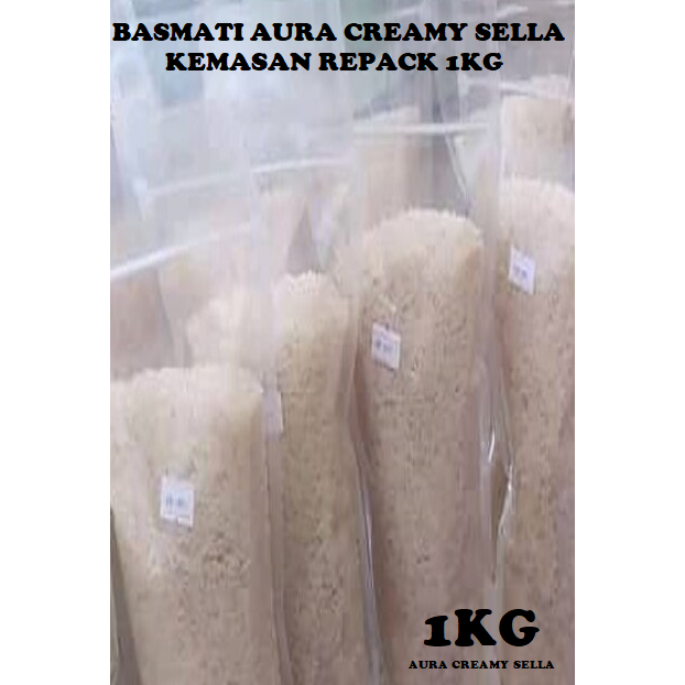 

Beras basmati AURA Extra Long Creamy Sella Kemasan Repack 1kg Best Quality
