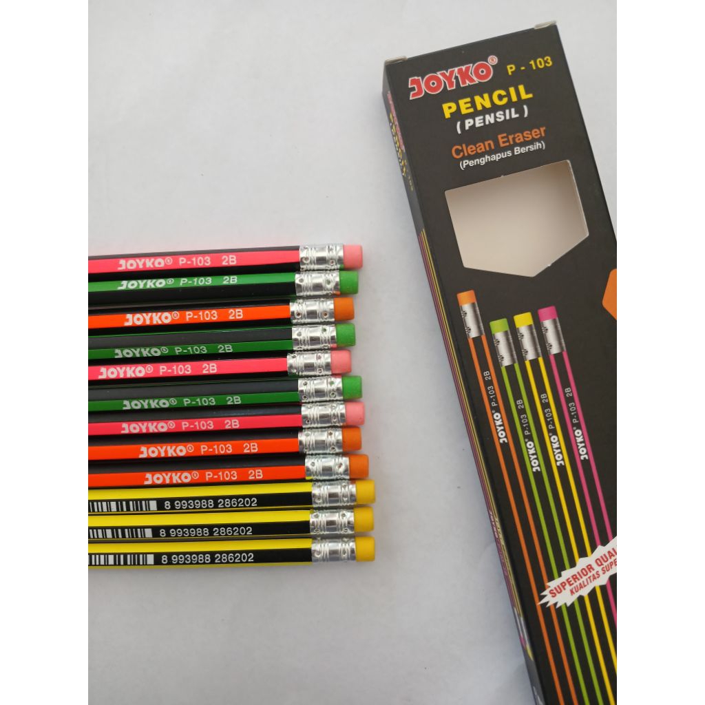 

1 pak Pensil JOYKO P-103 2B Warna-warni dengan Penghapus – Clean Eraser (Isi 12 pcs)