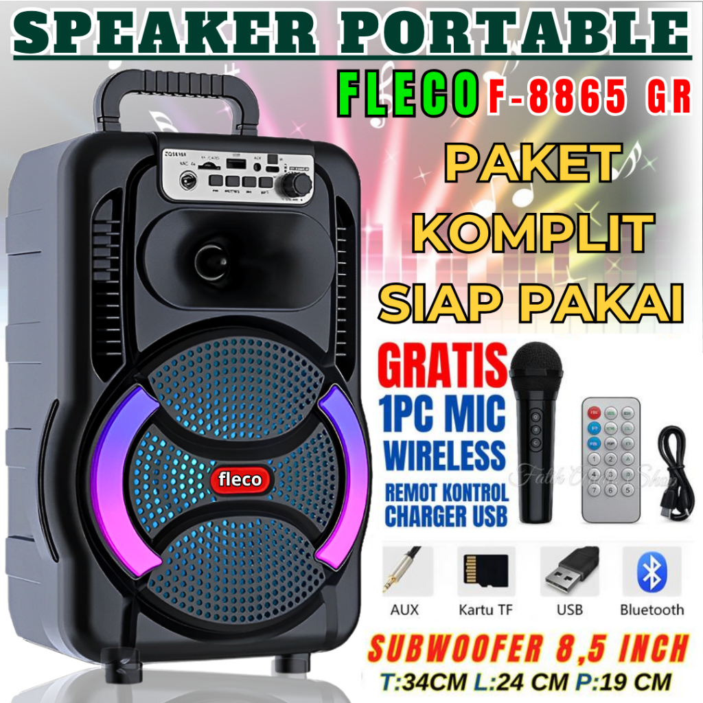 Fleco F-8865gr Speaker Bluetooth Led Rgb Fre Mic Wireles Ukuran 8 Inch | Speaker Karaoke Full Bass F
