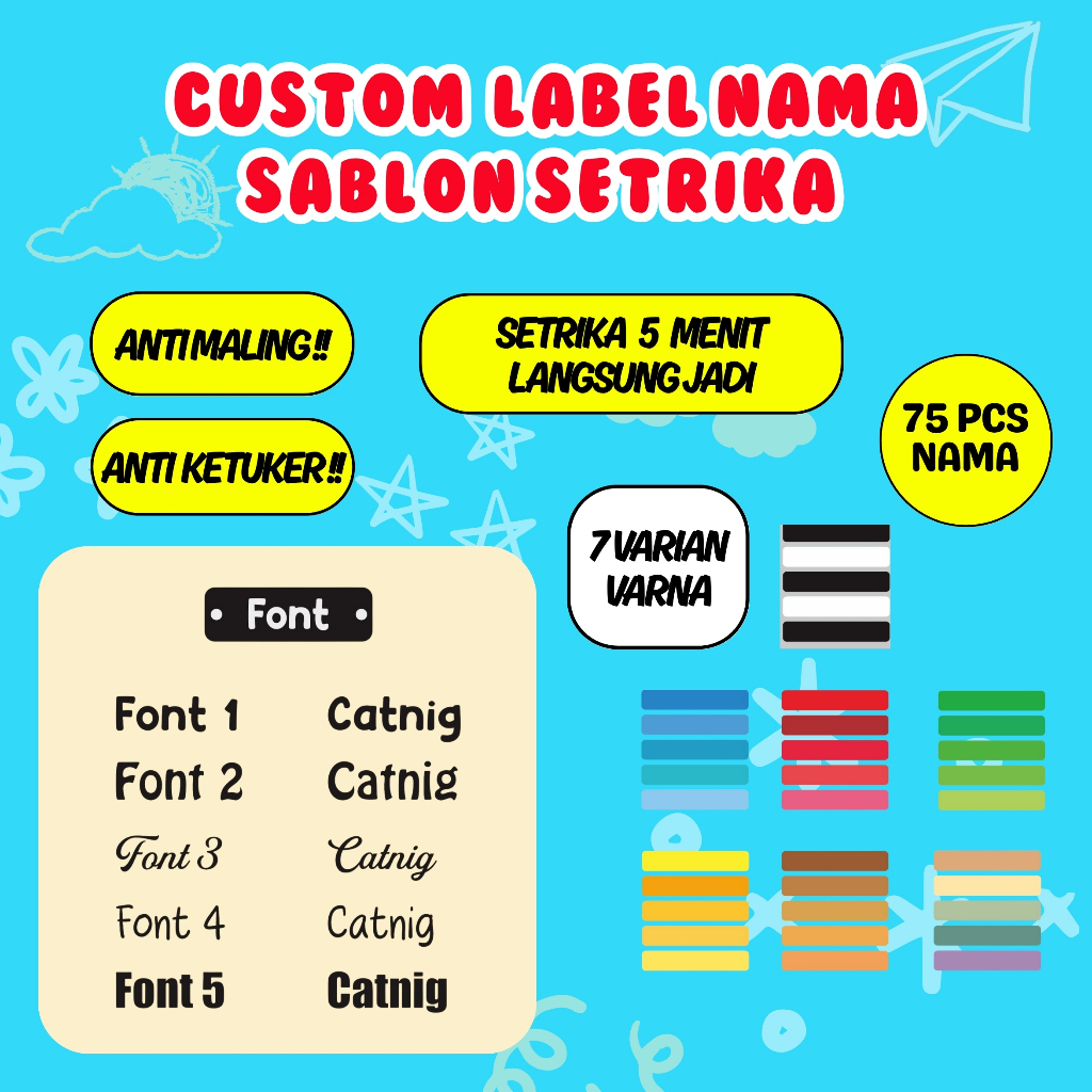 

75PCS Label Nama Baju Kain Sablon Setrika Sehari Jadi Sticker DTF Stiker Printing Anti Luntur Custom