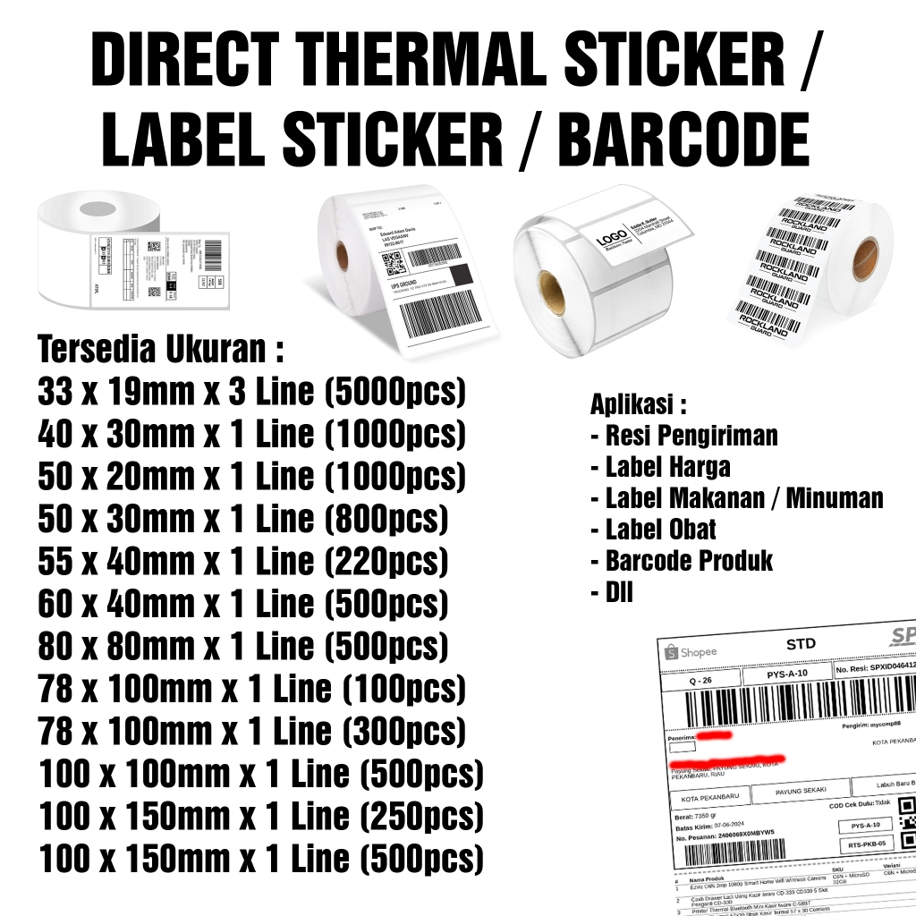 

Kertas Sticker Direct Thermal Macam Macam Ukuran Label Resi Harga Barcode