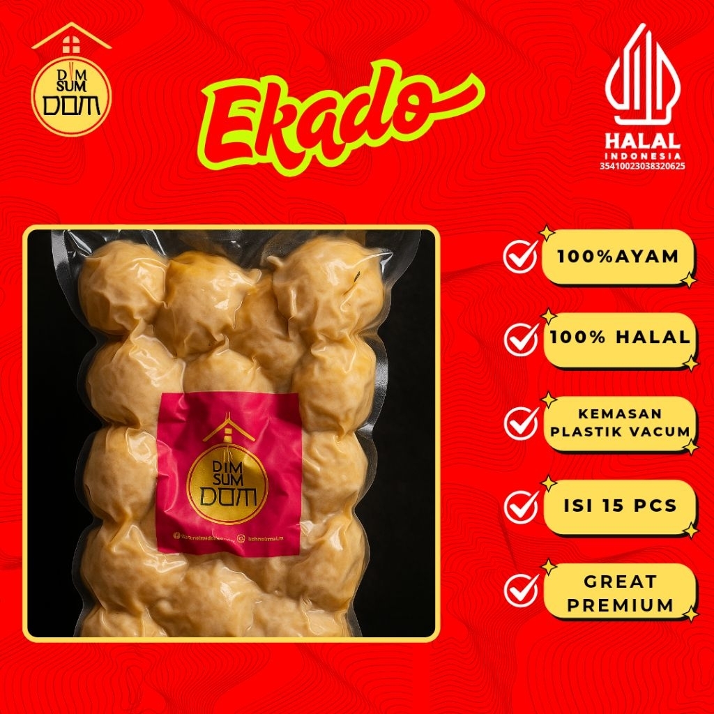 

Dimsum Dom Varian Ekado Full Ayam+Telur Puyu 100% Halal, Kemasan Plastik Vacum isi 15 pcs Great Premium