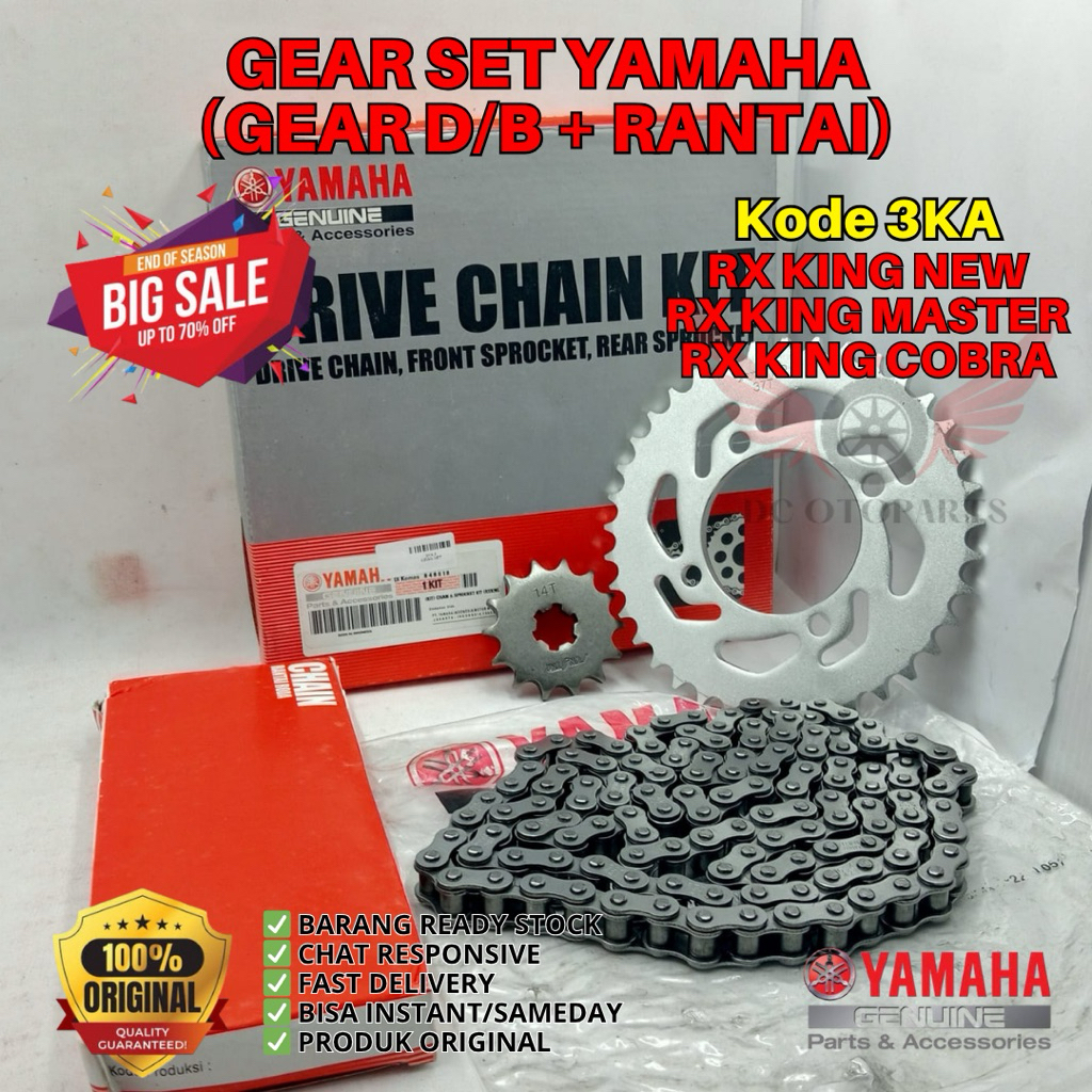 3KA GEAR SET D/B DEPAN BELAKANG + RANTAI RX KING ORIGINAL YAMAHA GENUINE PARTS, PAKET GEAR SET RX KI