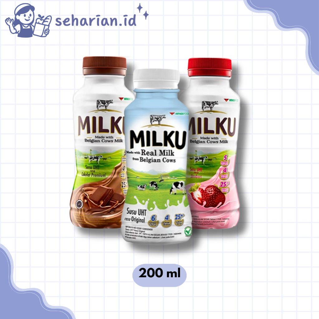 

MILKU SUSU UHT CAIR ALL VARIAN (ORIGINAL/COKELAT/STROBERI) BOTOL 200 ML