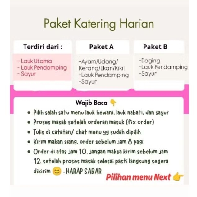 

PAKET MENU KATERING HARIAN (Instant Only) Harap baca deskripsi produk
