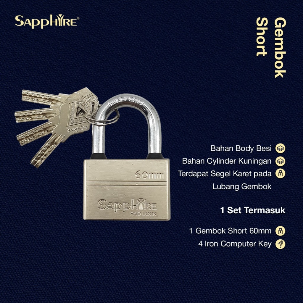 Sapphire Gembok Short 60mm Gembok Rumah Pagar Leher Hardened Anti Maling Anti Potong & Gergaji