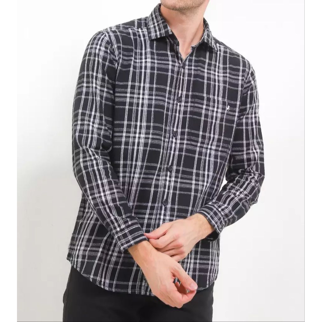 Cotton Checked Shirt KLL547 KEMEJA LOIS ORIGINAL PRIA TERBARU KOTAK HITAM