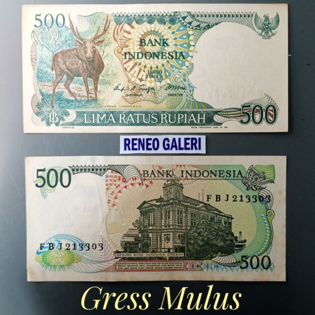 Mulus asli Rp 500 Rupiah tahun 1988 Rusa kijang menjangan uang kertas Kuno original