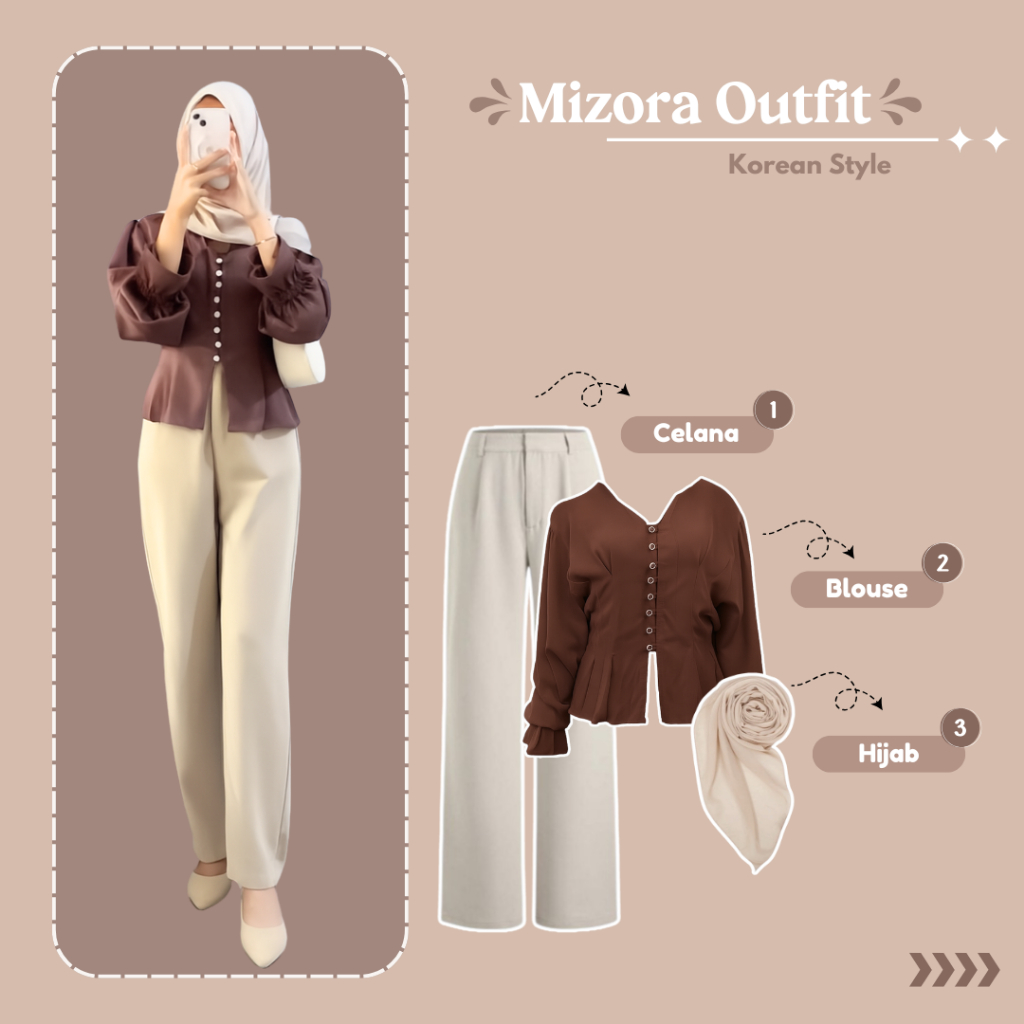 One Set Mizora Outfit ( Blouse + Celana + Hijab ) Ootd Korean Style | Fashion Wanita Kekinian