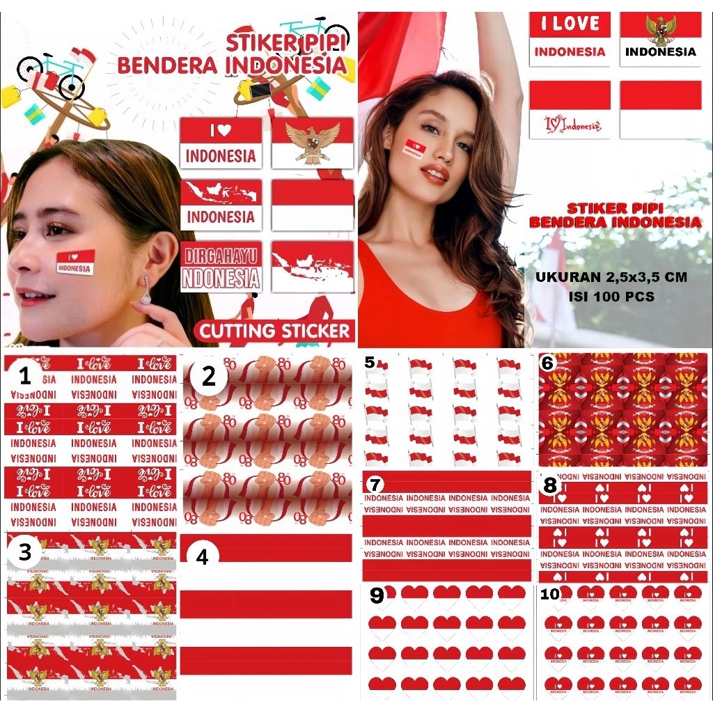

10 lembar stiker pipi isi 4x9 stiker bendera merah putih