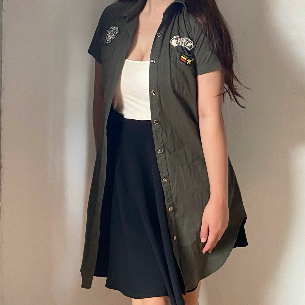 kemeja dress hijau army wanita