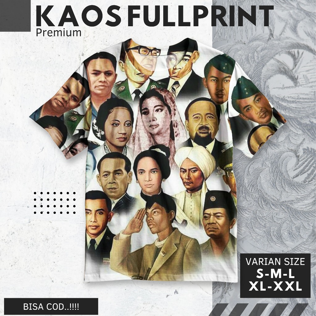 FLOW ART Kaos Fullprint Premium Pahlawan Nasional Indonesia Bahan Serena – Koleksi Tokoh Sejarah | L