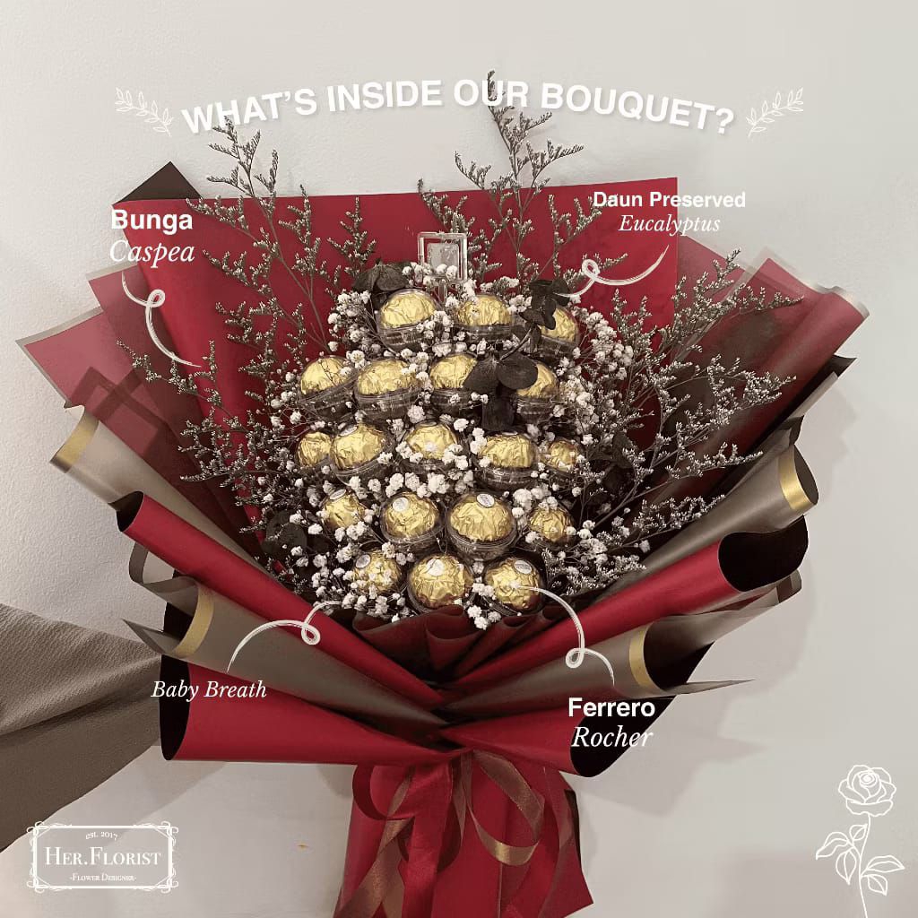 Her.GS Buket Bunga Baby Breath dan Cokelat Ferrero Rocher 20 PCS / Ferero/  Coklat/ Hadiah