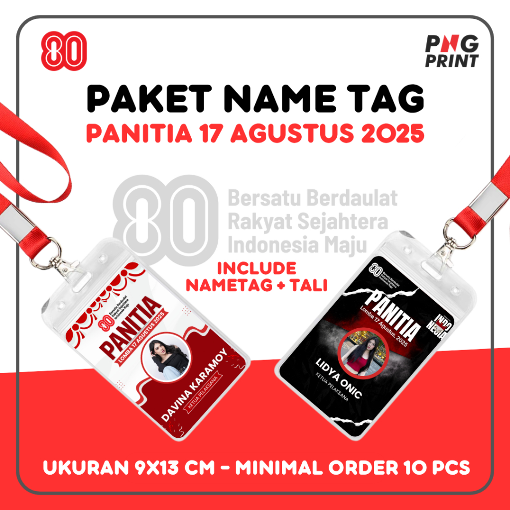 

[CUSTOM] Paket Nametag Panitia 17 Agustus 2025 - HUT RI 80 - Kemerdekaan Indonesia ke 80