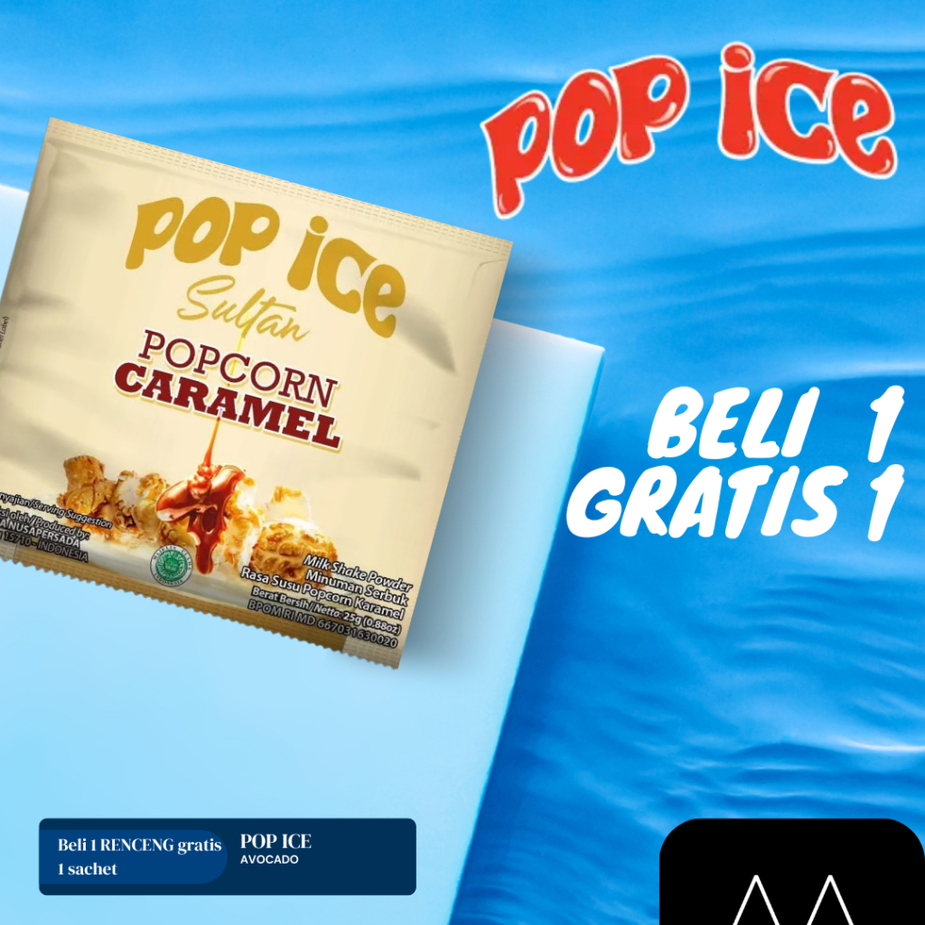 

Pop Ice Milk Shake Powder SULTAN POPCORN CARAMEL 23 Gr 10 + 1Pcs BONUS 10 PCS SEDOTAN + PLASTIK