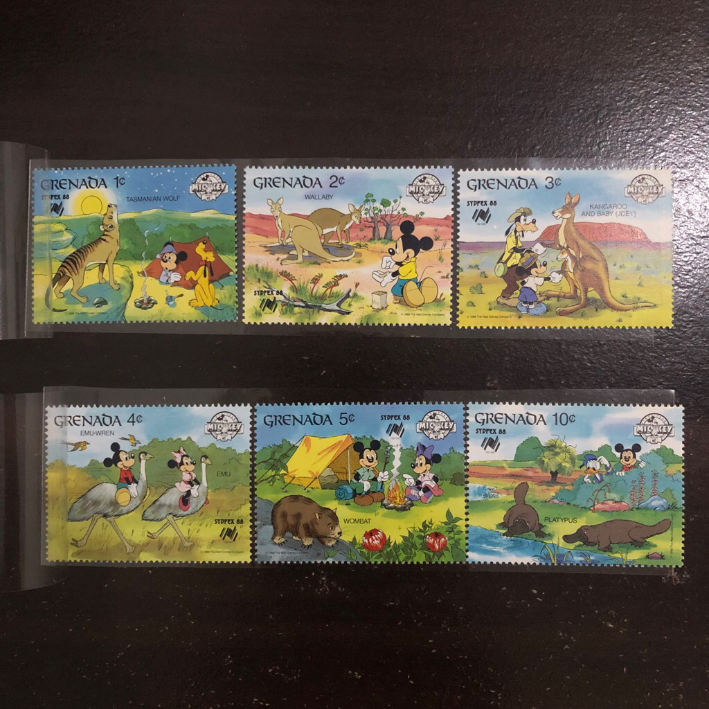 

Perangko Anak Disney Grenada Mickey minnie Mouse Tasmanian Wolf Wallaby Kangaroo emu wren wombat platypus sydpex 1988