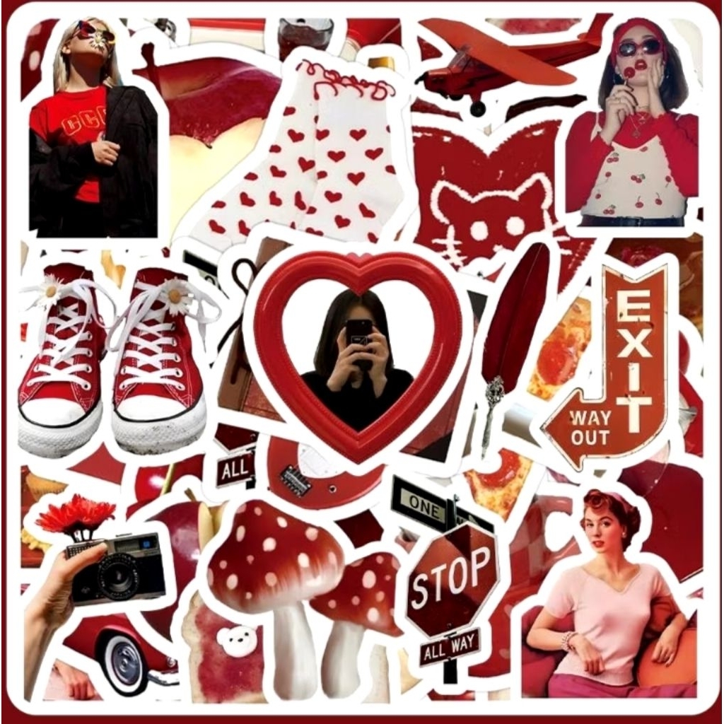 

60pcs Sticker Red Retro Aesthetic Wateproof Stiker Vinyl Laptop Botol Minum HP