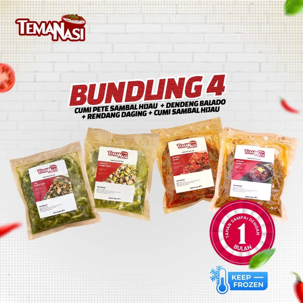 

BUNDLING 4PCS Cumi Pete 300gr + Rendang Daging 300gr + Cumi Sambal Hijau 300gr + Dendeng Balado 300gr / Frozen Siap Saji