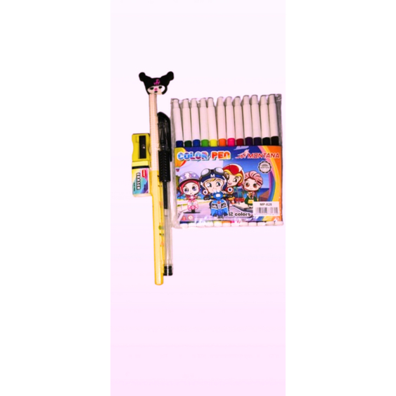 

paket mini alat tulis 1 pensil, 1 pulpen ,2 penghapus dan 1 rautan dan 1 set spidol