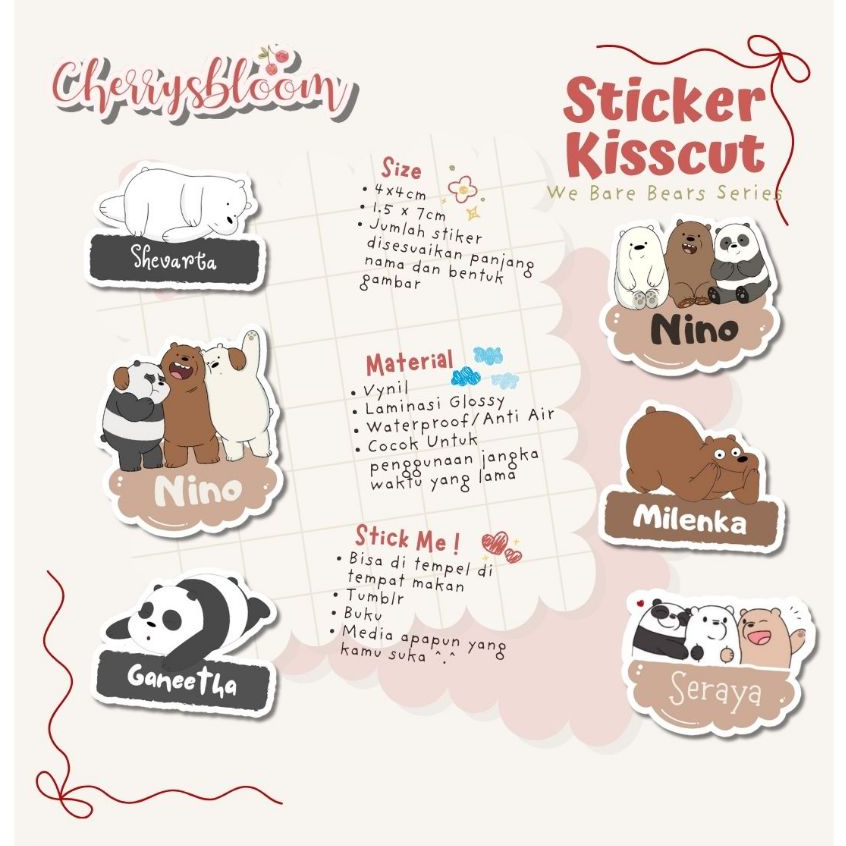 

Stiker Kiss Cut WE BARE BEARS Label Nama Waterproof Tahan Air