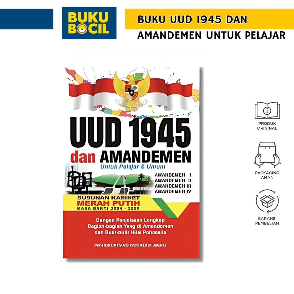 

Buku-UUD 1945 & Amandemen Susunan kabinet terabru 2025-2029 Untuk Pelajar / Umum (Besar & Kecil)