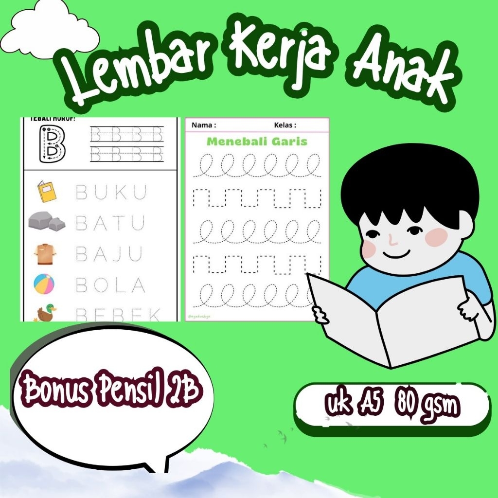 50 lembar worksheet/Lembar kerja anak/anak TK/Anak SD bonus pensil 2b
