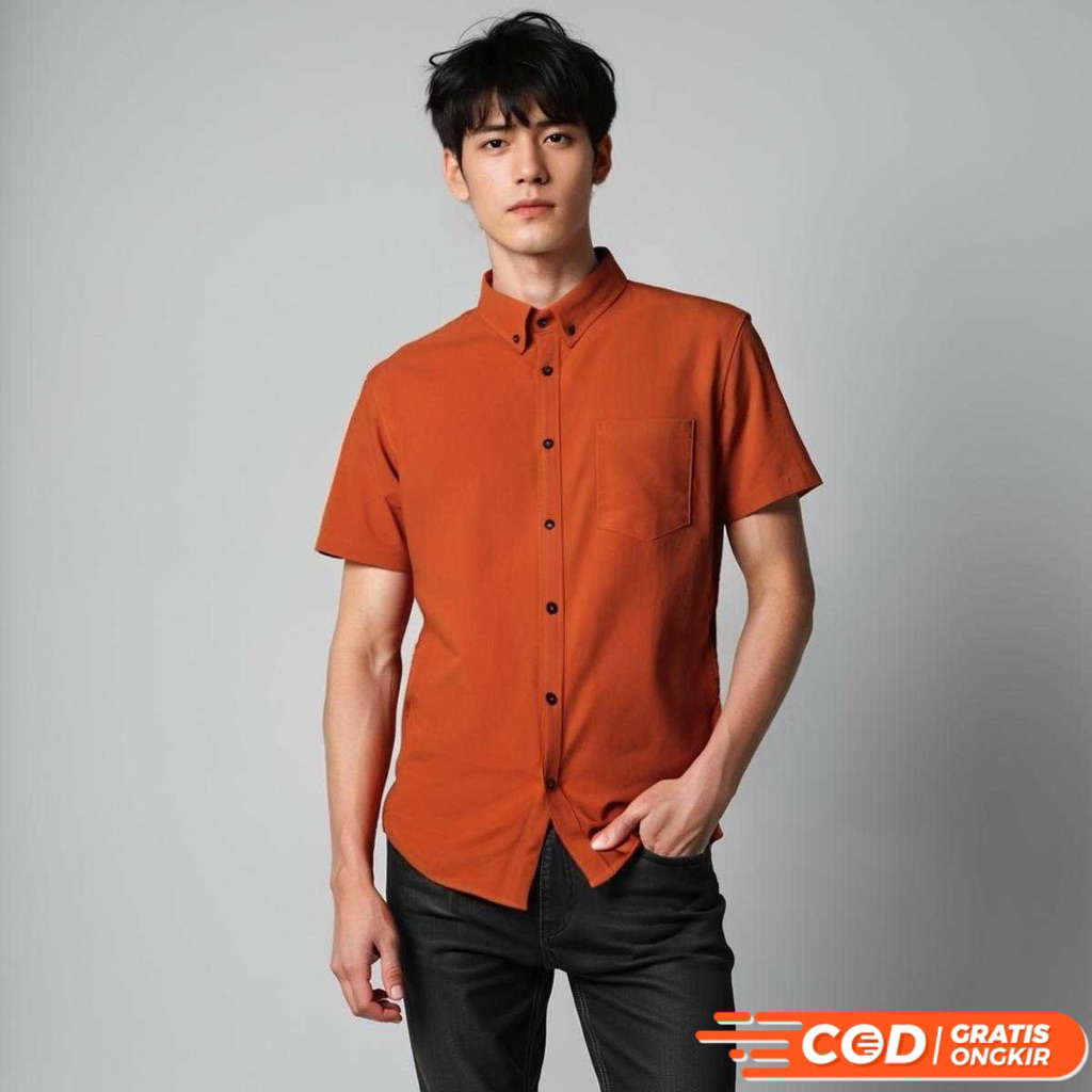 Kemeja Pria Lengan Pendek Orange Bata / Kemeja Orange Pria