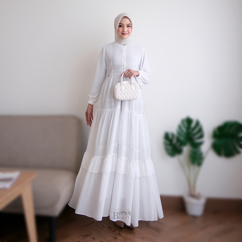 Gamis Dres putih Tulang Kekinian variasi renda cantik dan mewah ceruti NN99